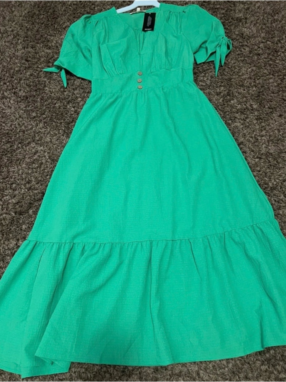 Blush Emerald Green Midi Dress with Puff Sleeves